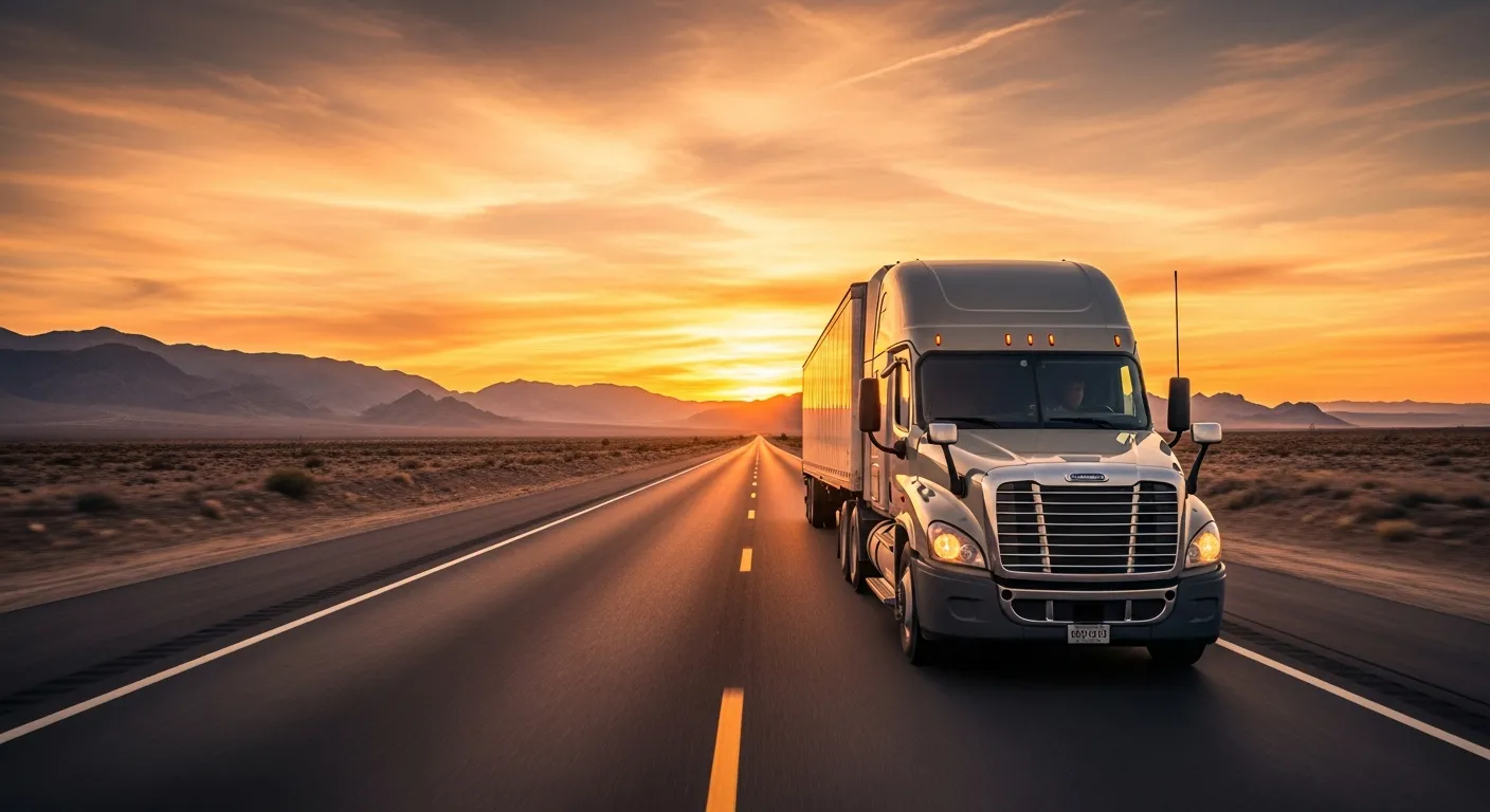 Semi-truck on an open American highway at golden hour