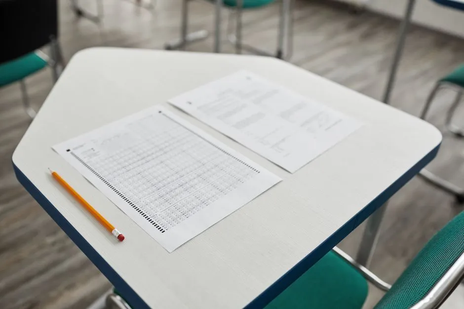 Multiple-choice test papers and a pencil on a desk