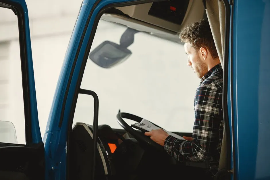 Commercial truck driver seated in the cab behind the steering wheel